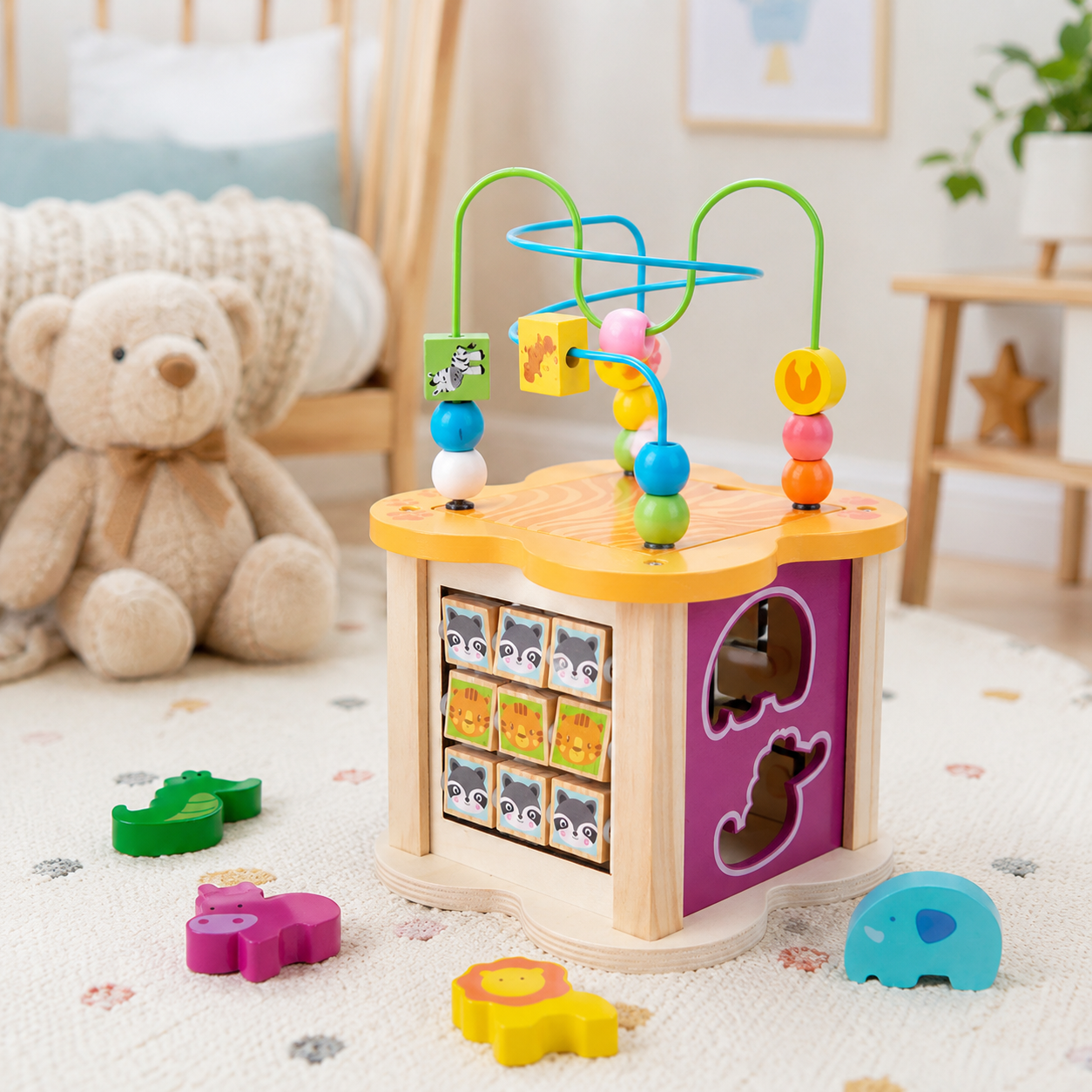 Cubo Didáctico 6 en 1 de madera🧠 – Juegos educativos para estimular la motricidad y el aprendizaje