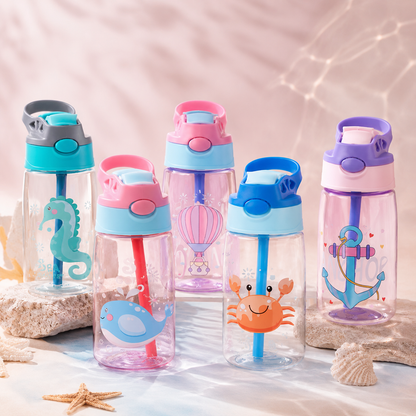 Botella Infantil Antiderrame 480 ml con Sorbito y Botón – Animales del Océano