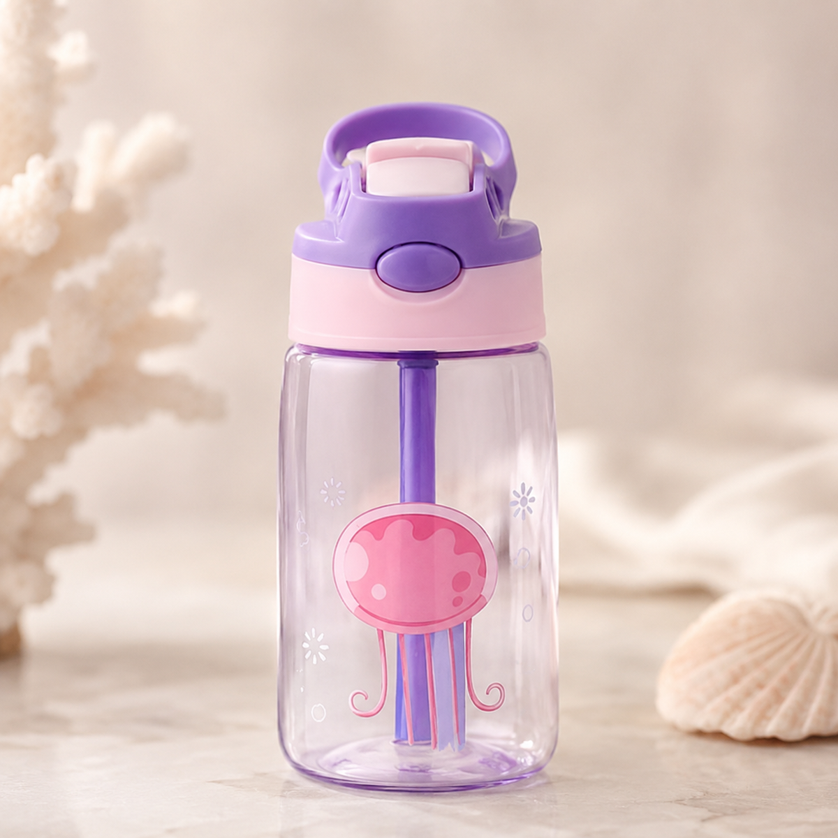 Botella Infantil Antiderrame 480 ml con Sorbito y Botón – Animales del Océano