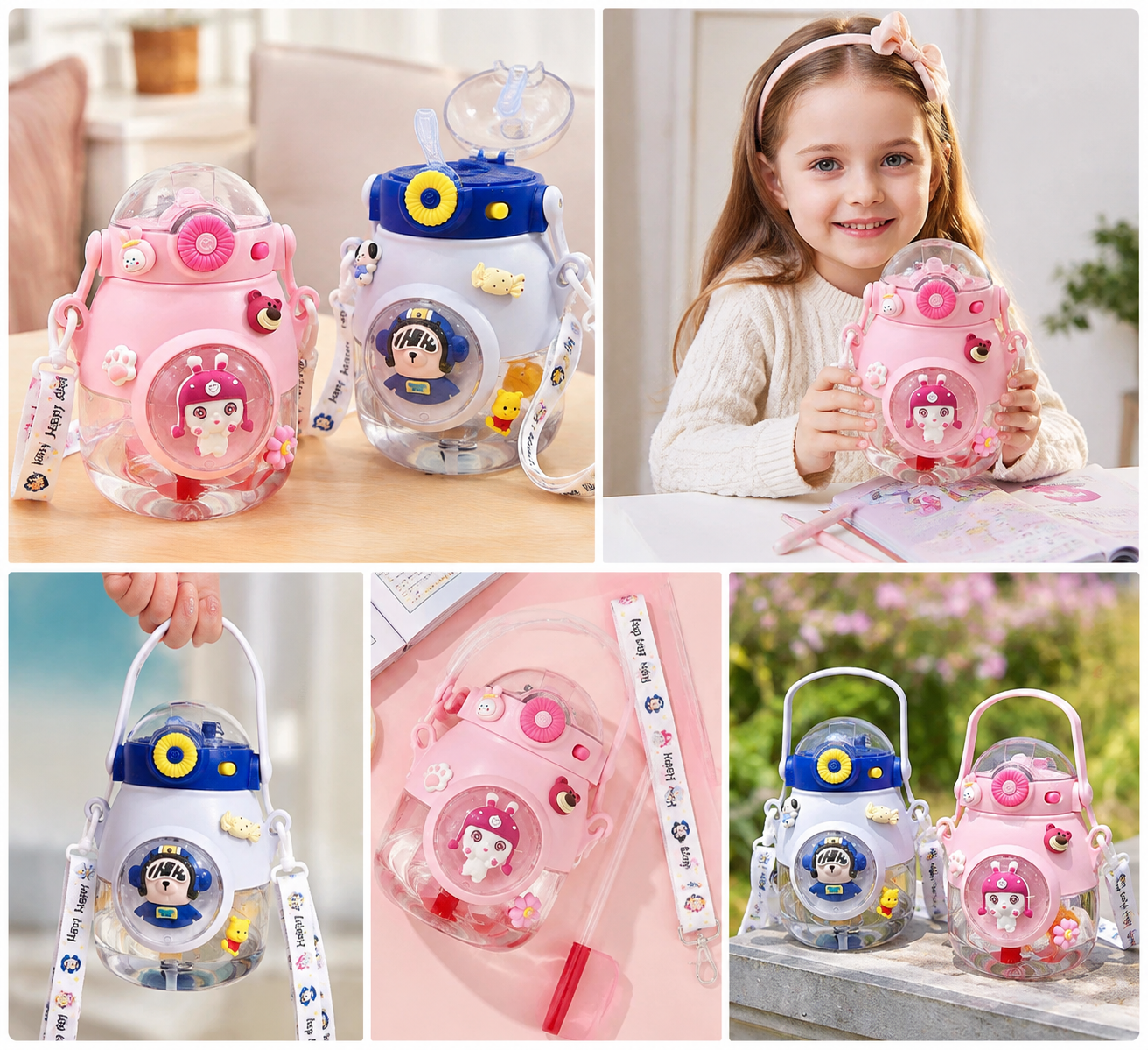 Botella Infantil 900 ml Antiderrame con Sorbito, Botón y Correa – Diseño Espacial