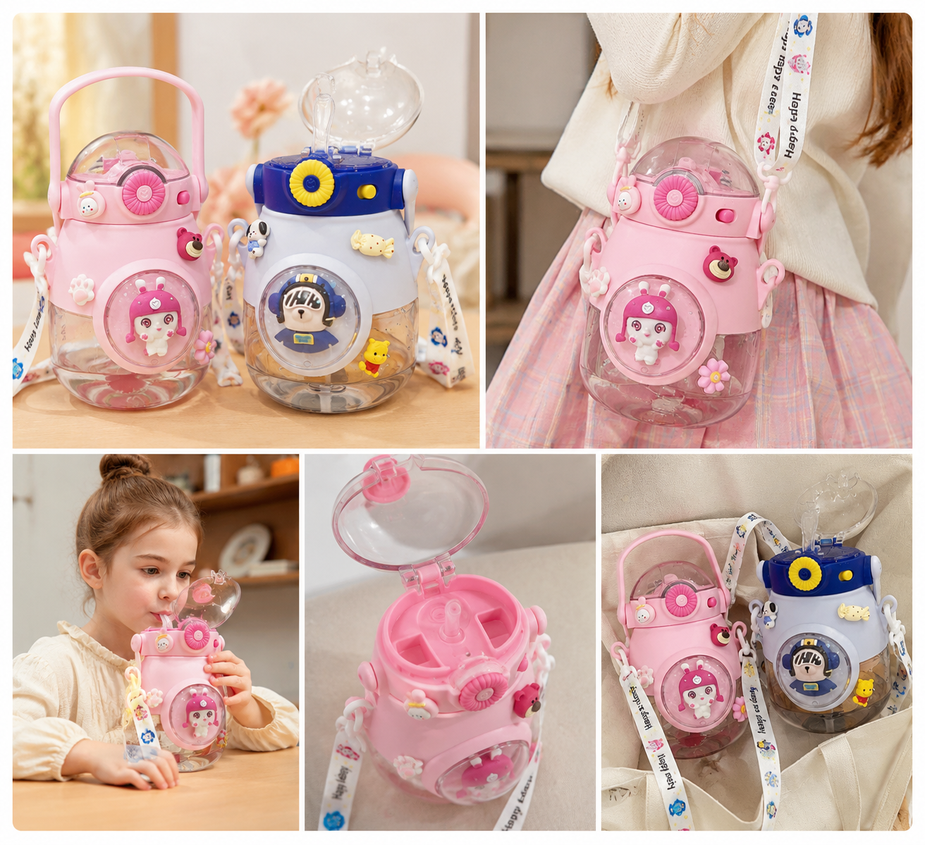 Botella Infantil 900 ml Antiderrame con Sorbito, Botón y Correa – Diseño Espacial