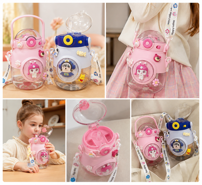 Botella Infantil 900 ml Antiderrame con Sorbito, Botón y Correa – Diseño Espacial