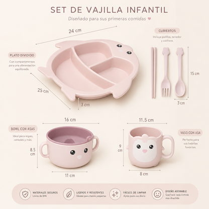 Set de Alimentación Infantil Pingüino de 5 Piezas con Plato Dividido, Bowl con Tapa, Taza y Cubiertos