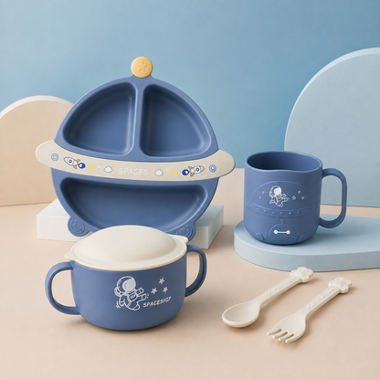 Set de Alimentación para Bebé 5 Piezas con Plato Dividido, Bowl, Taza y Cubiertos - Astronauta