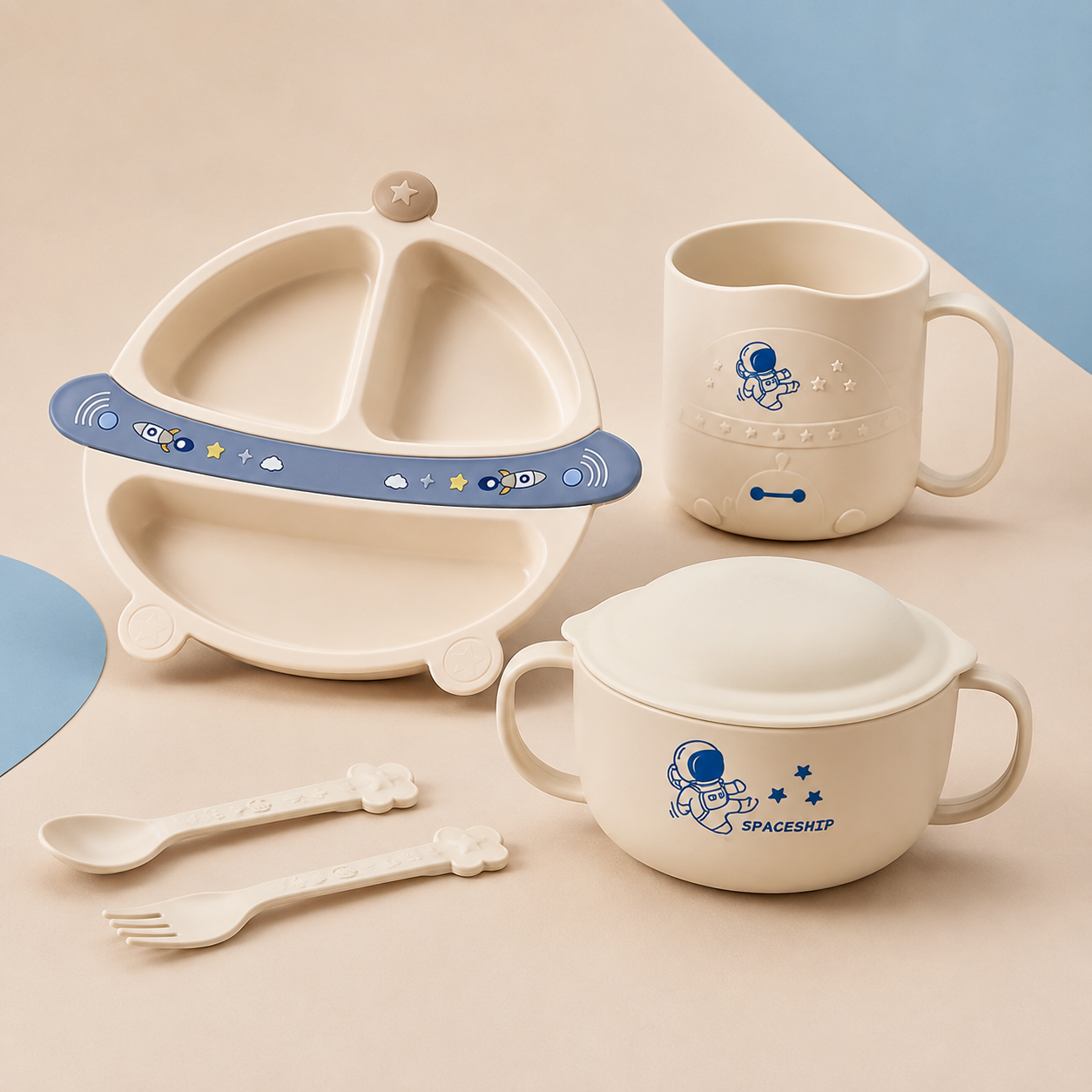 Set de Alimentación para Bebé 5 Piezas con Plato Dividido, Bowl, Taza y Cubiertos - Astronauta