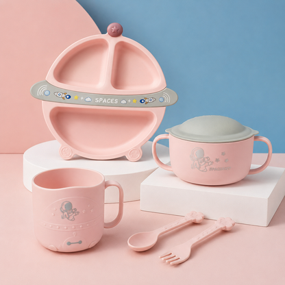 Set de Alimentación para Bebé 5 Piezas con Plato Dividido, Bowl, Taza y Cubiertos - Astronauta