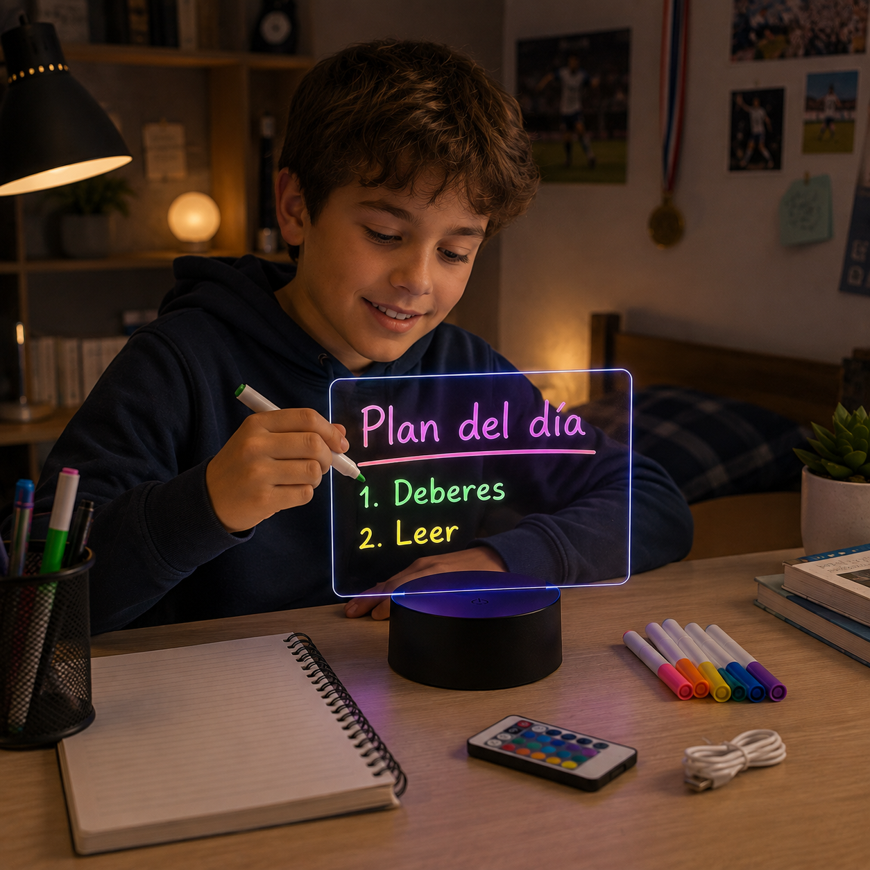 Lámpara pizarra LED RGB ✍️ Escribí con luz, cambiá colores y borrá lo que quieras