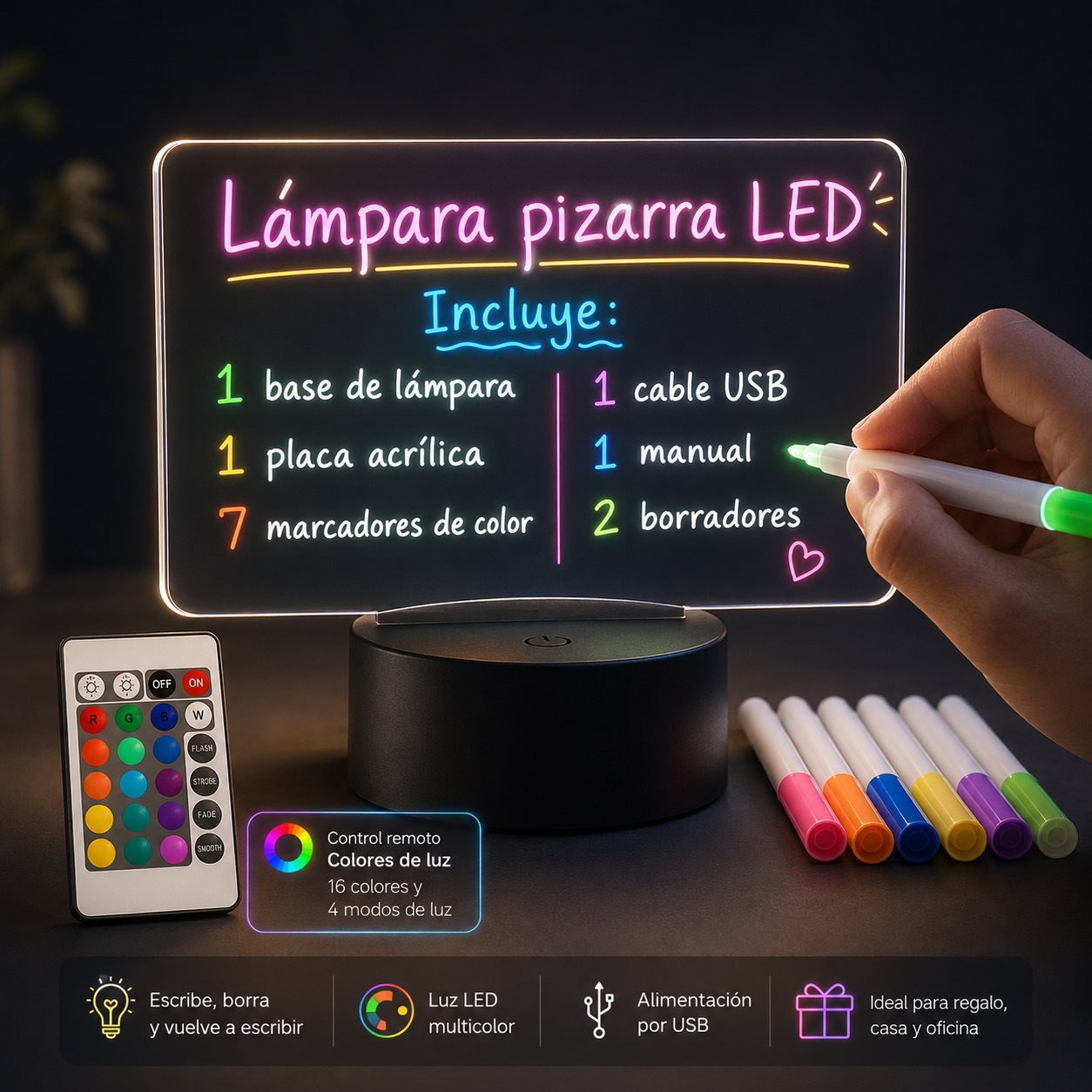 Lámpara pizarra LED RGB ✍️ Escribí con luz, cambiá colores y borrá lo que quieras