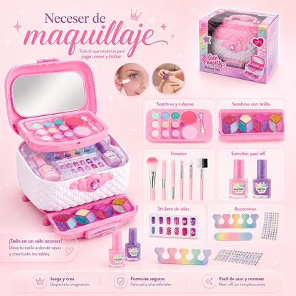 Valija de Maquillaje Infantil 3 Compartimientos con Espejo, Sombras, Brillos, Esmaltes y Accesorios