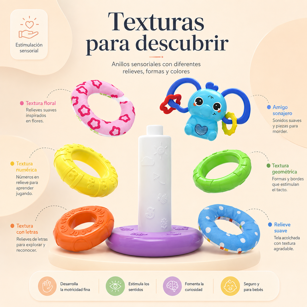 Torre Elefante Apilable Musical con Luces y Anillos Sensoriales 🧠 Ideal para bebés curiosos que no paran de explorar