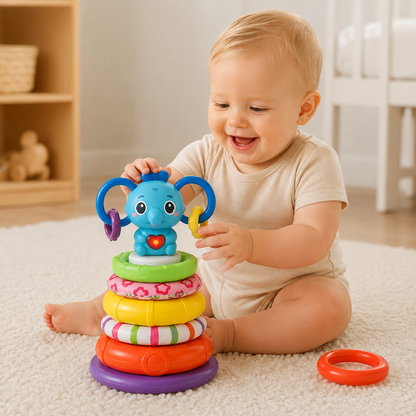 Torre Elefante Apilable Musical con Luces y Anillos Sensoriales 🧠 Ideal para bebés curiosos que no paran de explorar