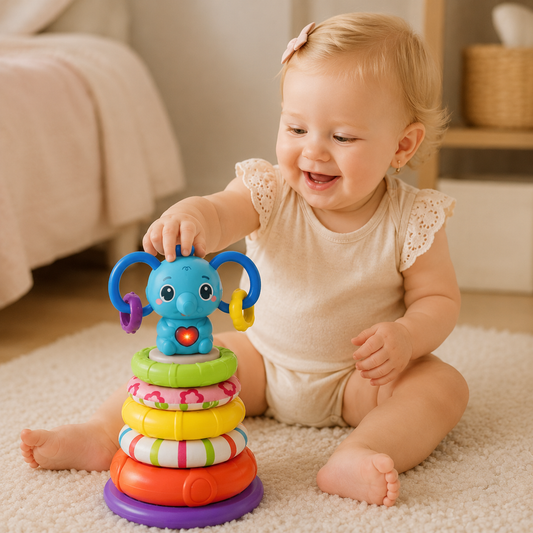 Torre Elefante Apilable Musical con Luces y Anillos Sensoriales 🧠 Ideal para bebés curiosos que no paran de explorar