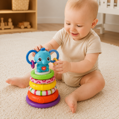 Torre Elefante Apilable Musical con Luces y Anillos Sensoriales 🧠 Ideal para bebés curiosos que no paran de explorar