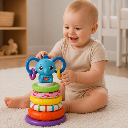 Torre Elefante Apilable Musical con Luces y Anillos Sensoriales 🧠 Ideal para bebés curiosos que no paran de explorar