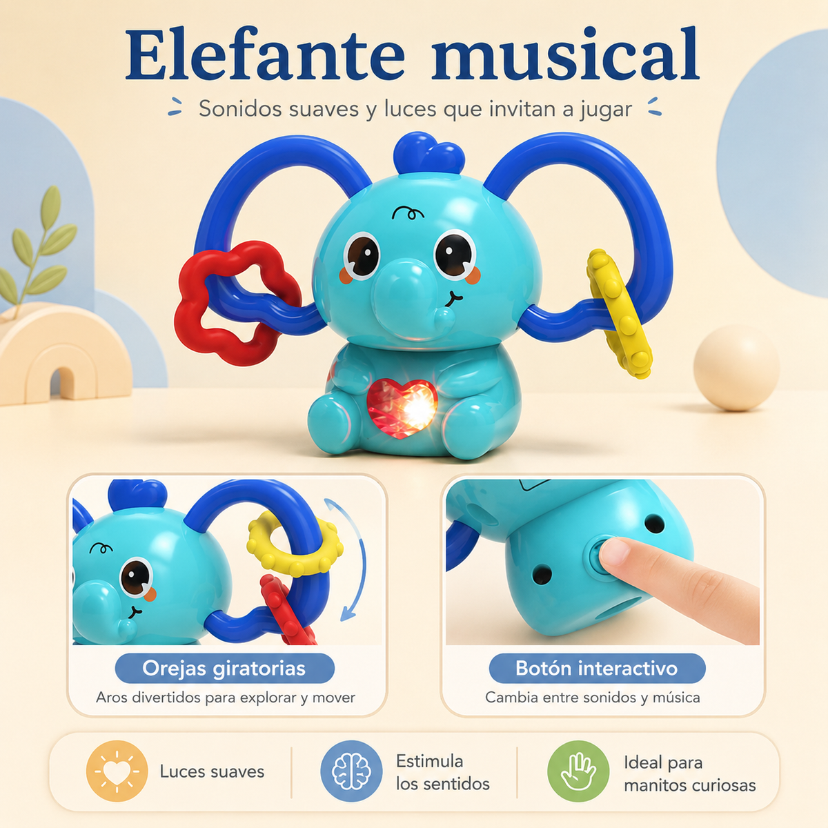 Torre Elefante Apilable Musical con Luces y Anillos Sensoriales 🧠 Ideal para bebés curiosos que no paran de explorar