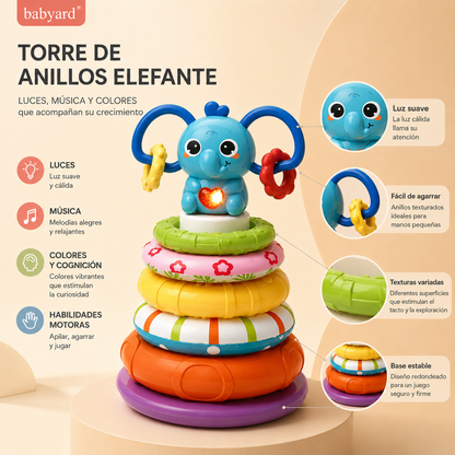 Torre Elefante Apilable Musical con Luces y Anillos Sensoriales 🧠 Ideal para bebés curiosos que no paran de explorar