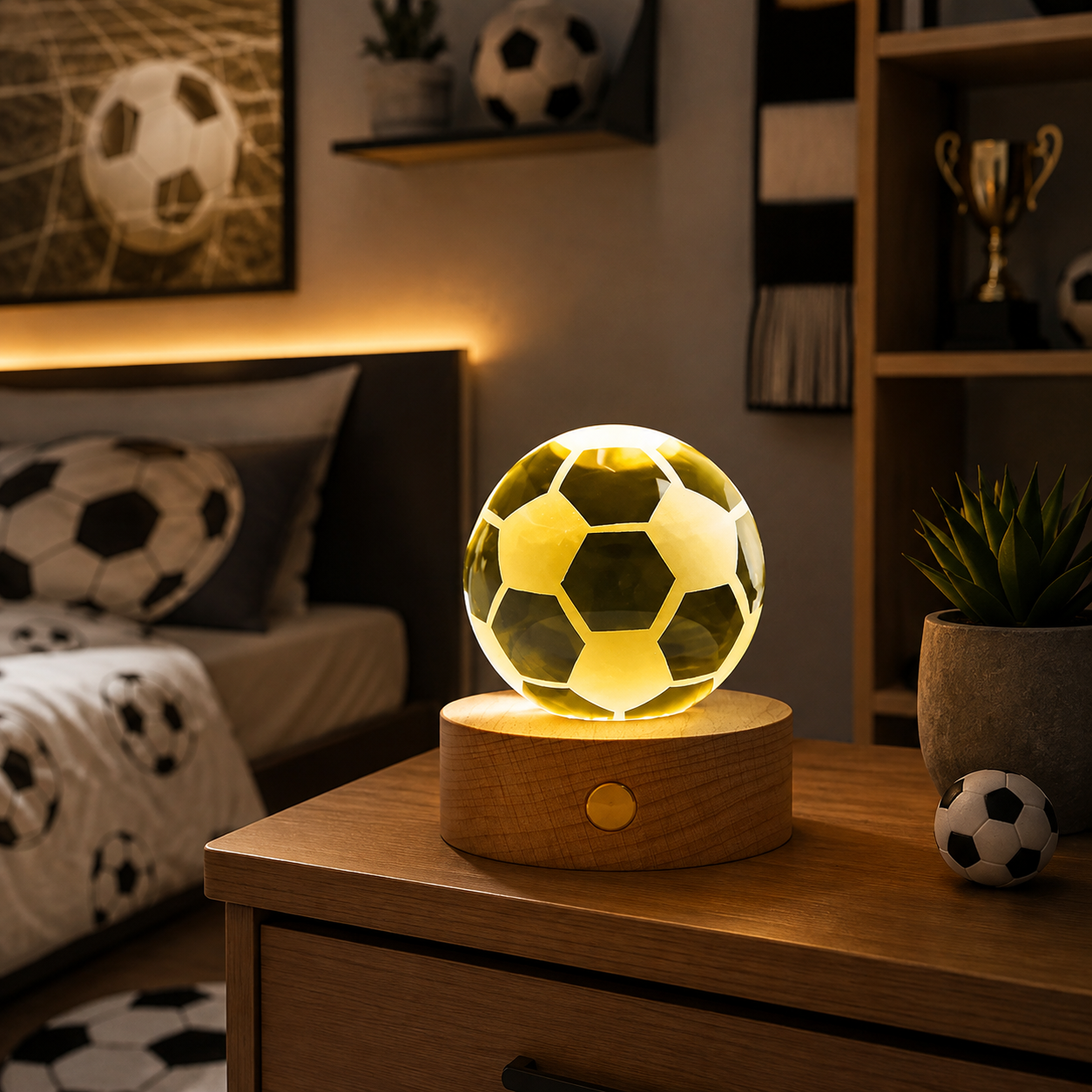 Lámpara de cristal diseño 3D con base de madera - Pelota de fútbol ⚽