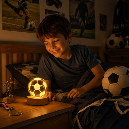 Lámpara de cristal diseño 3D con base de madera - Pelota de fútbol ⚽