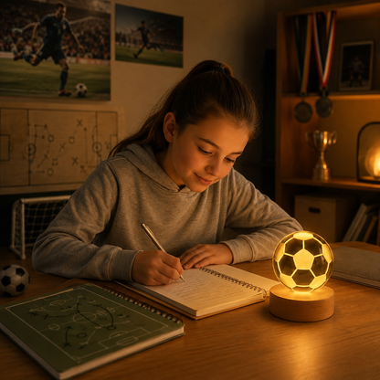 Lámpara de cristal diseño 3D con base de madera - Pelota de fútbol ⚽