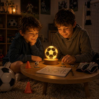 Lámpara de cristal diseño 3D con base de madera - Pelota de fútbol ⚽