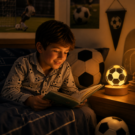 Lámpara de cristal diseño 3D con base de madera - Pelota de fútbol ⚽