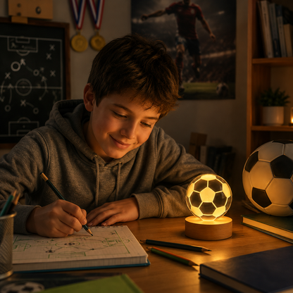 Lámpara de cristal diseño 3D con base de madera - Pelota de fútbol ⚽