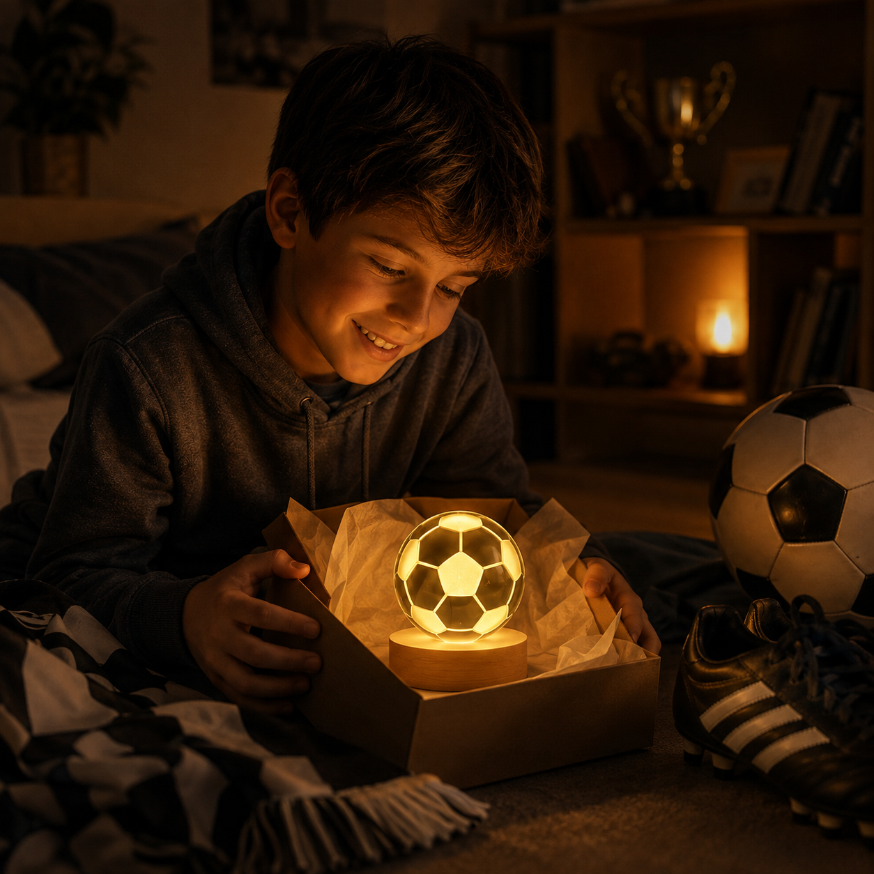 Lámpara de cristal diseño 3D con base de madera - Pelota de fútbol ⚽