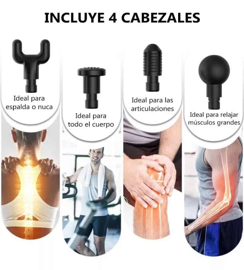 Pistola Masajeadora Muscular Recargable – 6 Velocidades y 4 Cabezales