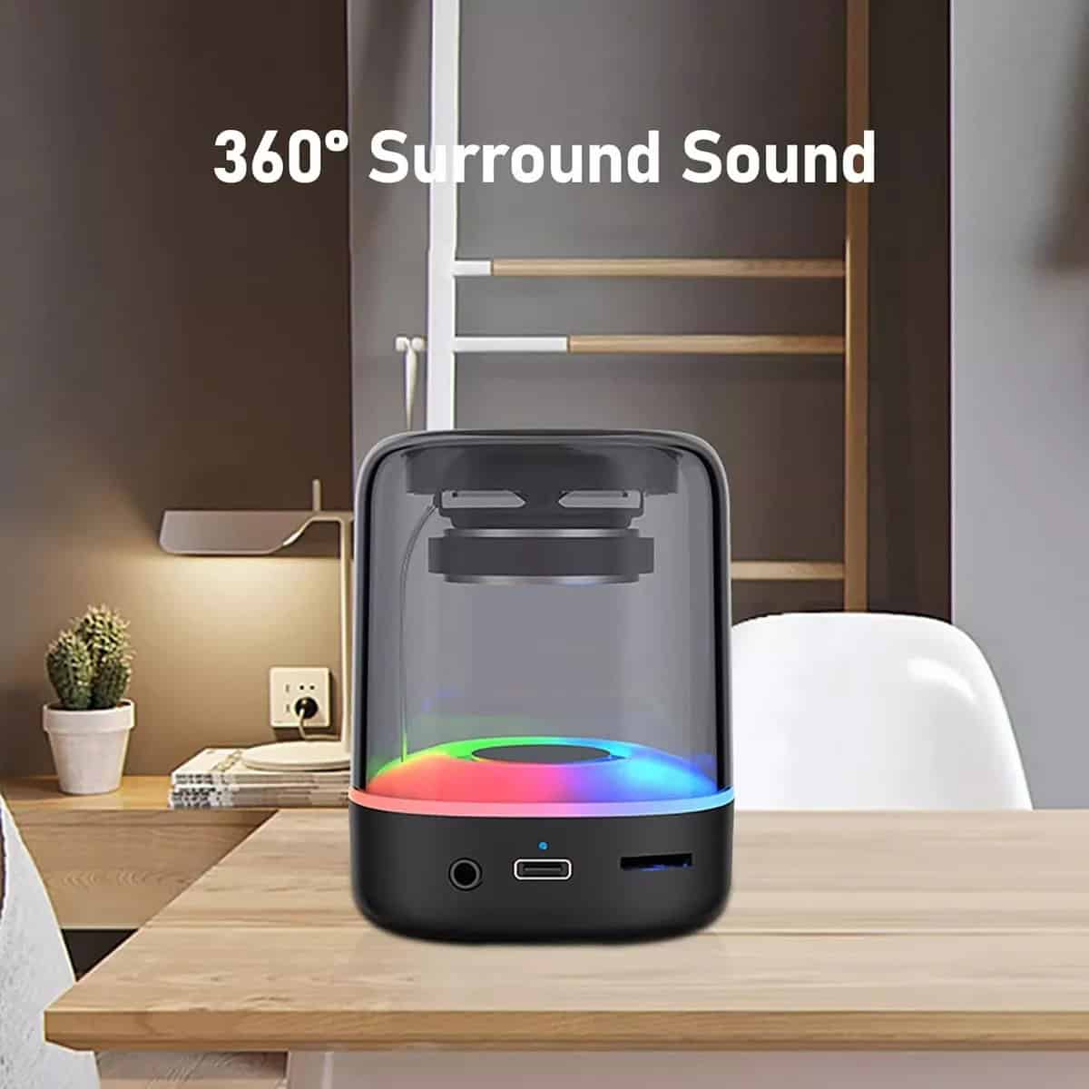 Parlante Bluetooth E-3052 – Diseño transparente, sonido envolvente y luces LED RGB