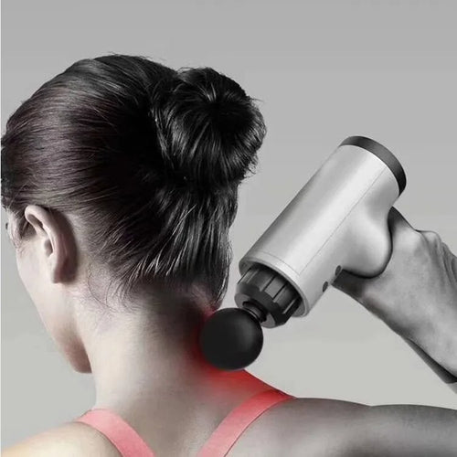 Pistola Masajeadora Muscular Recargable – 6 Velocidades y 4 Cabezales