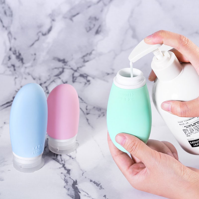 Set de Botellas de Silicona para Viaje🧴– 4 unidades de 60 ml para evitar derrames y dramas en tu valija